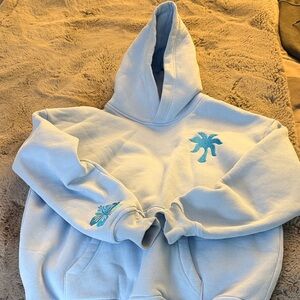 Pink Palm Puff Blue Hoodie with Palm Tree Design